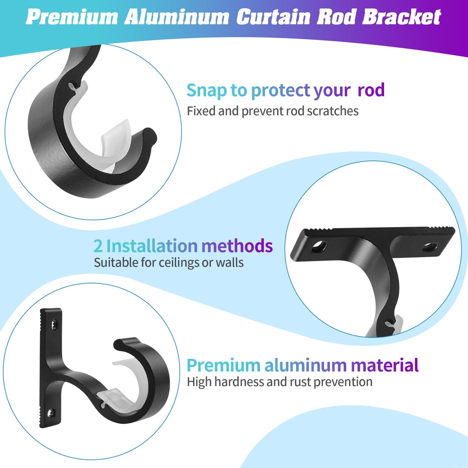 8 PCS Black Curtain Rod Mounts Ceiling and Wall Installation For 1 Inch