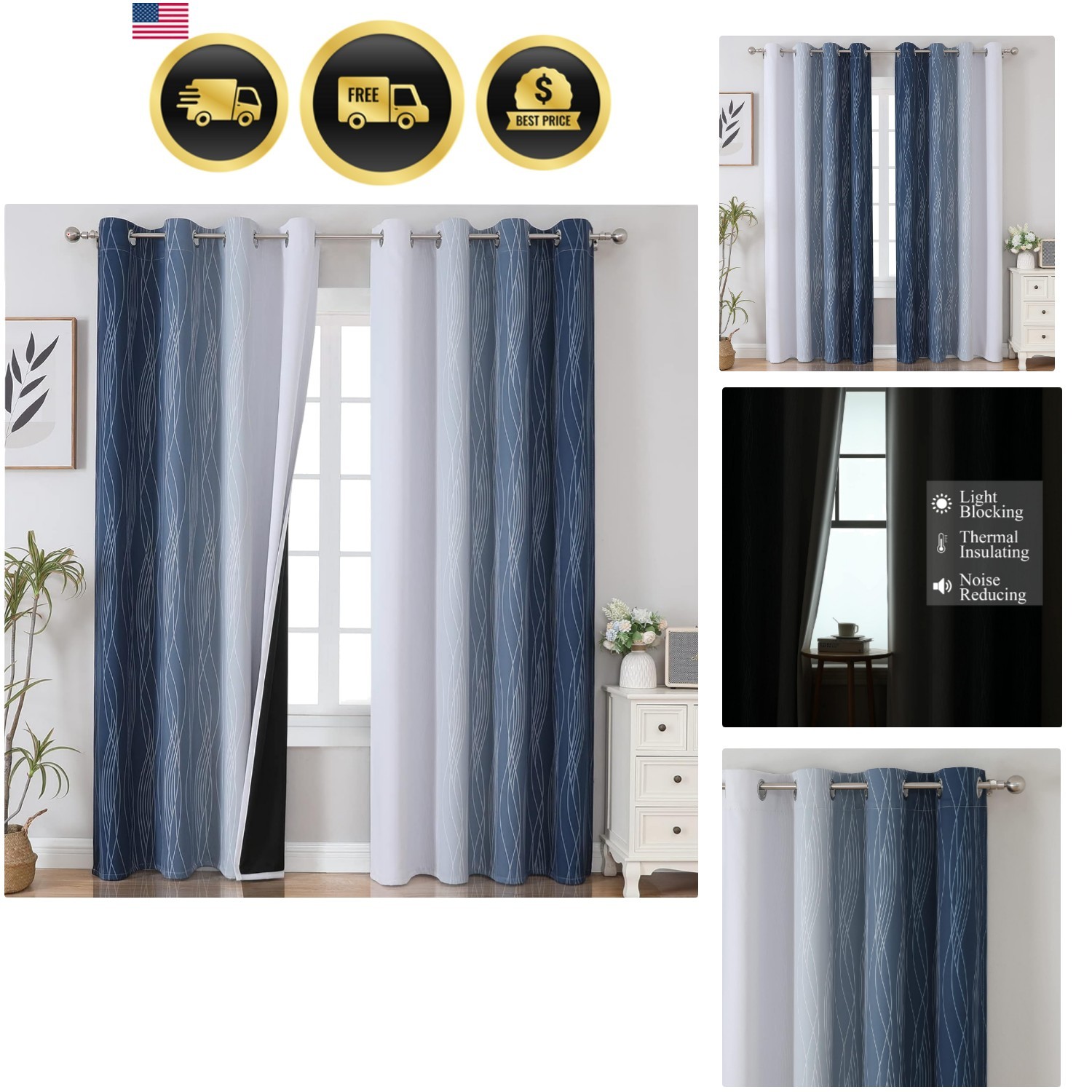 Navy Blue and Greyish White Blackout Curtains for Bedroom 84 Inches Long, Ful…