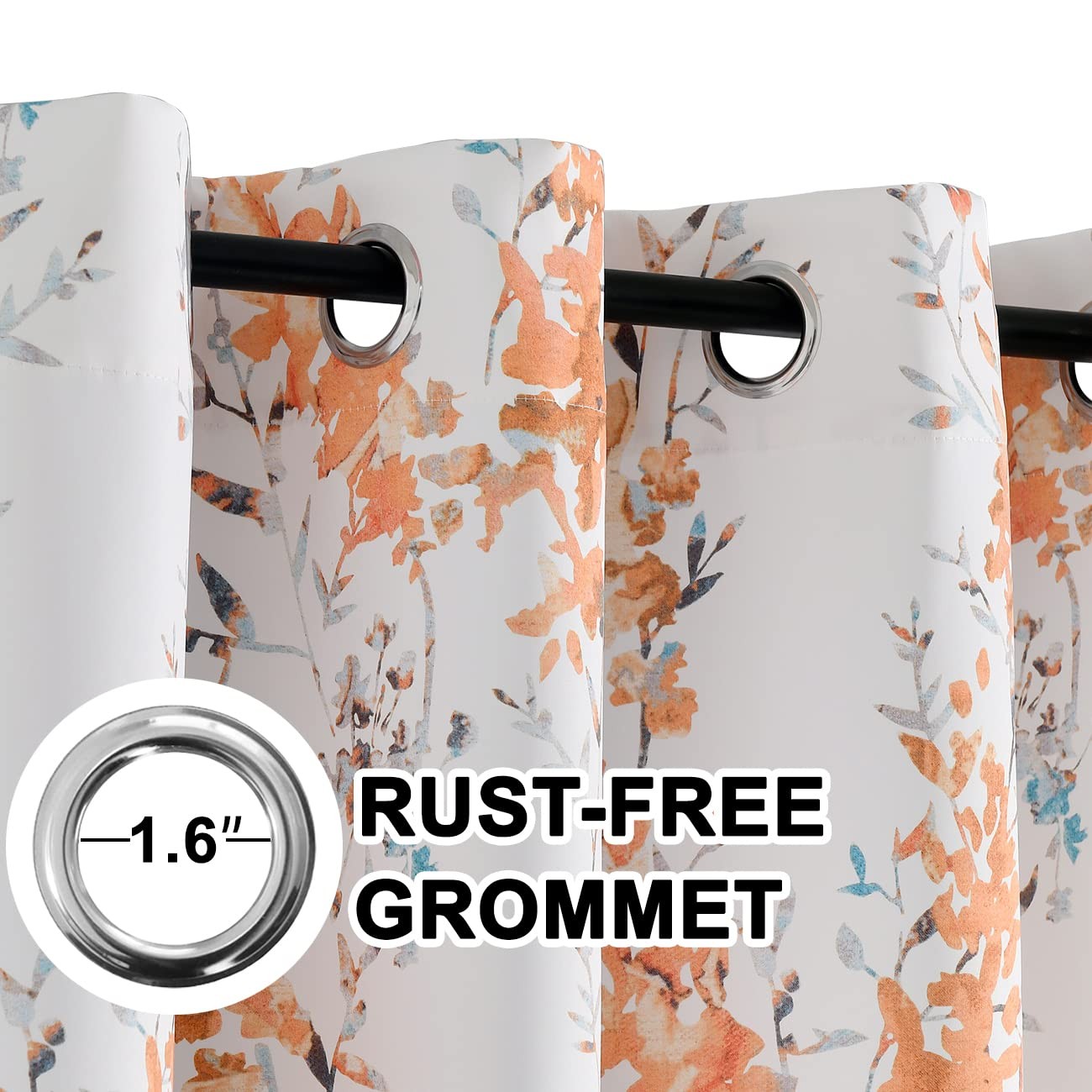 White Darkening Curtains, Orange Branch Leaf, 52×63 Inch, 2 Panels
