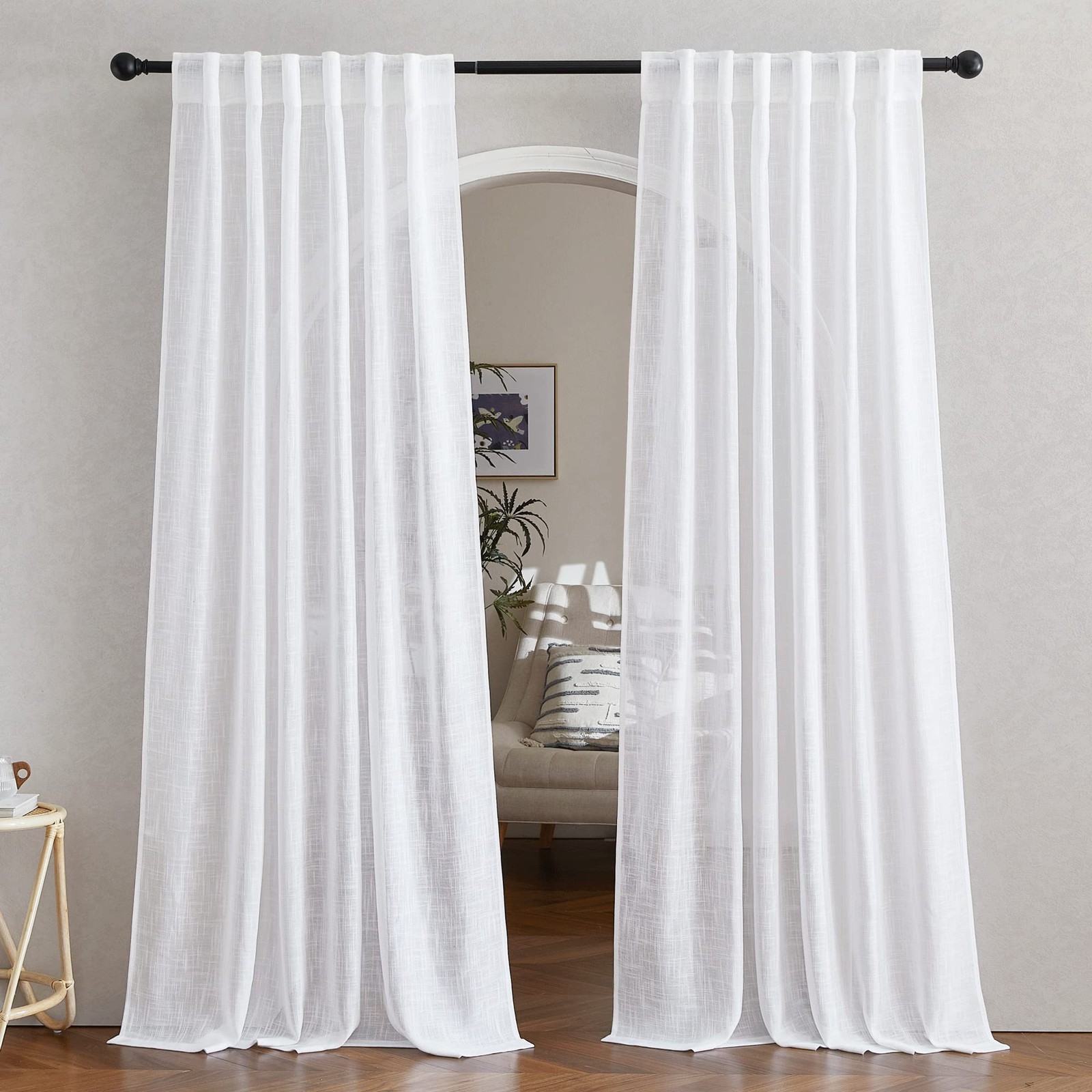 White Linen Sheer Curtains and Drapes 84 inches Long, Rod Pocket & Back Tab s…