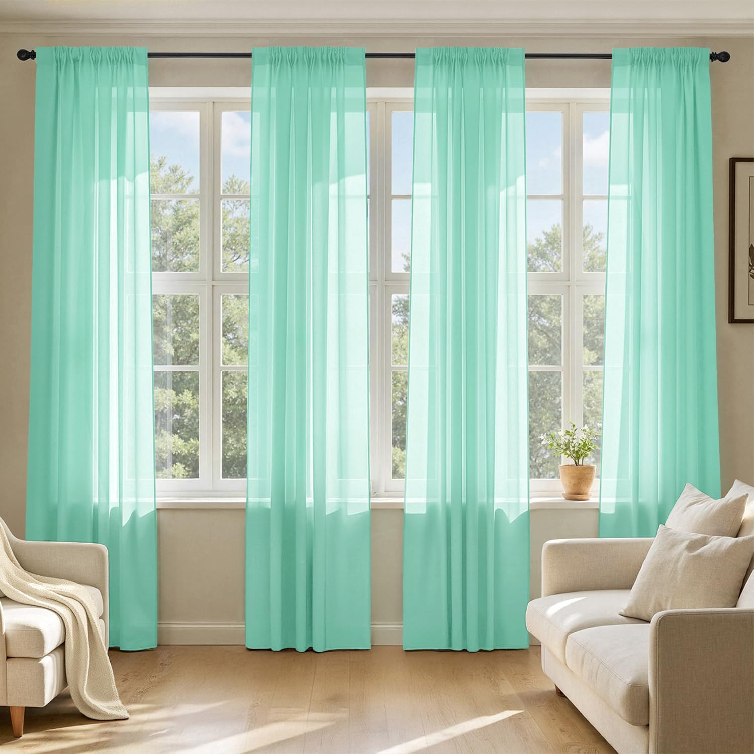 Aqua Sheer Curtains 84 Inches Long, 4 Panels Set, Light Filtering Rod Pocket Voi