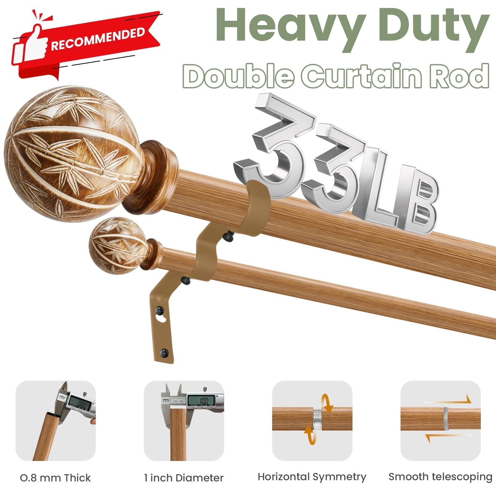 Bamboo Double Curtain Rods for Windows 72 to 144 Inches, 1-inch Diameter Heav…