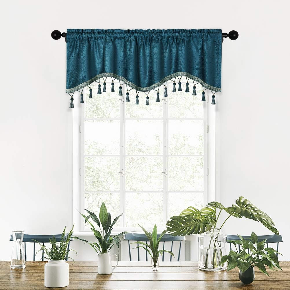 Double-Sided Chenille Window Curtains Tier for Kitchen Peacock Blue Scalloped Va