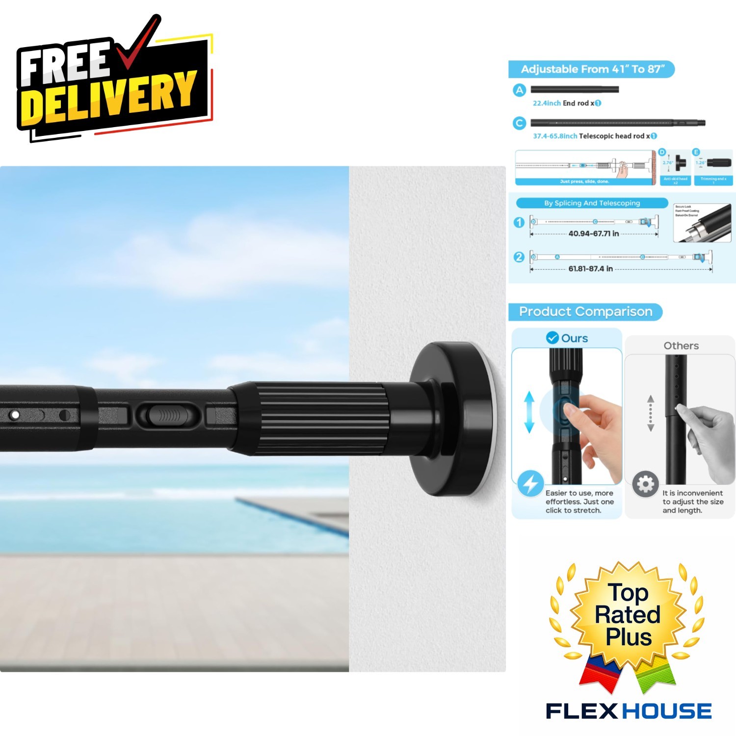 No-Drill Adjustable Tension Curtain Rod 41-86” | Ideal for Bathrooms & Windows