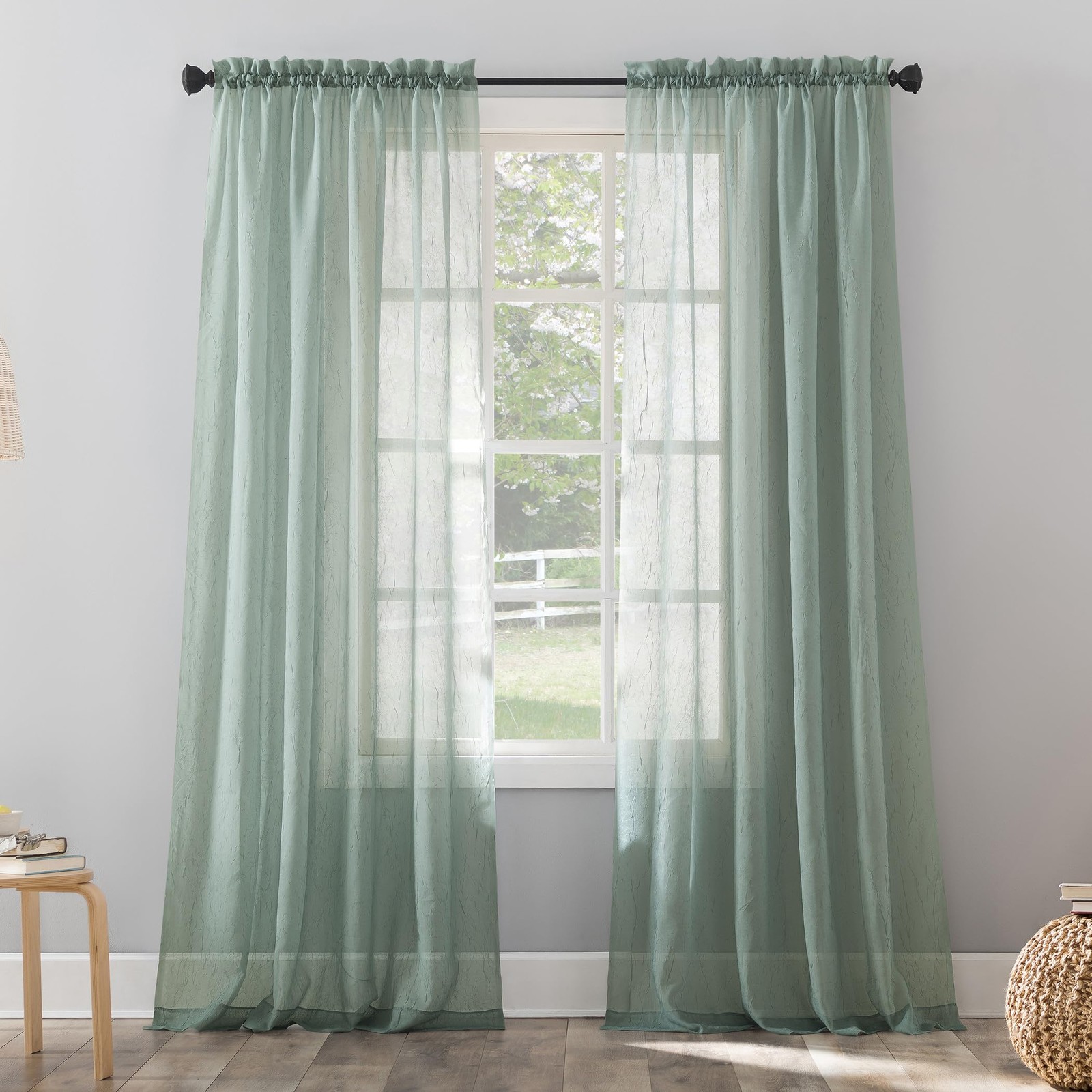 Crushed Sheer Voile Rod Pocket Curtain Panel, 51″x84″, Mineral Blue