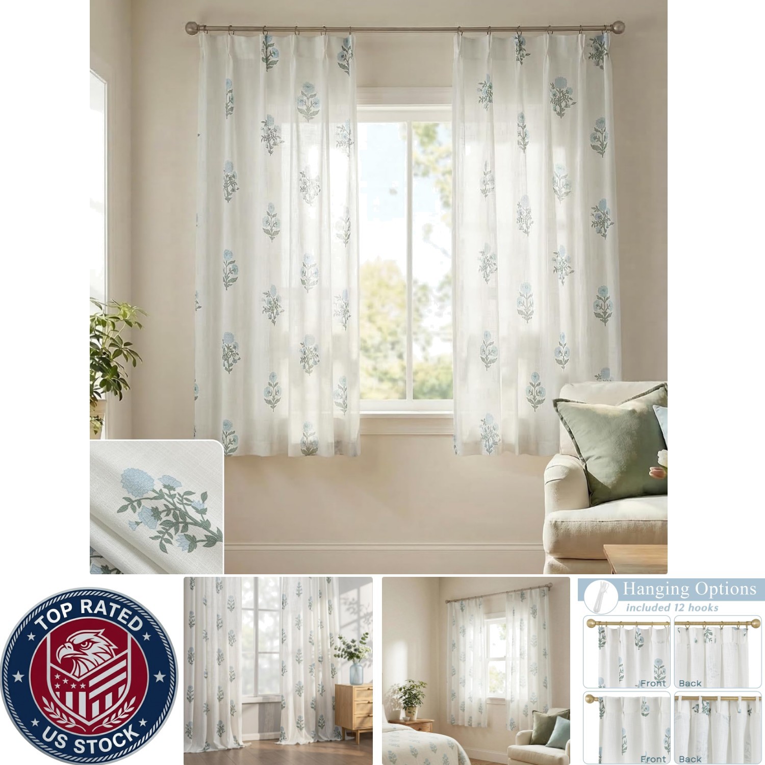 Pinch Pleated Floral Curtains 63 Inch – Vintage Beige White Pattern Set of 2