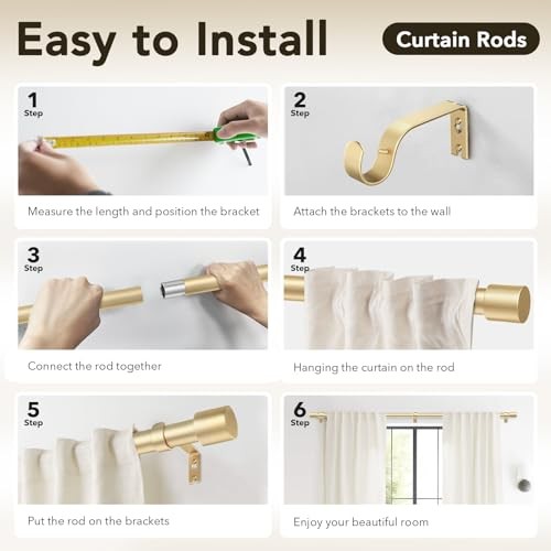 2 Pack Curtain Rods for Windows 48 to 84 Inch, 1 Inch 30″-90″|2pack Gold