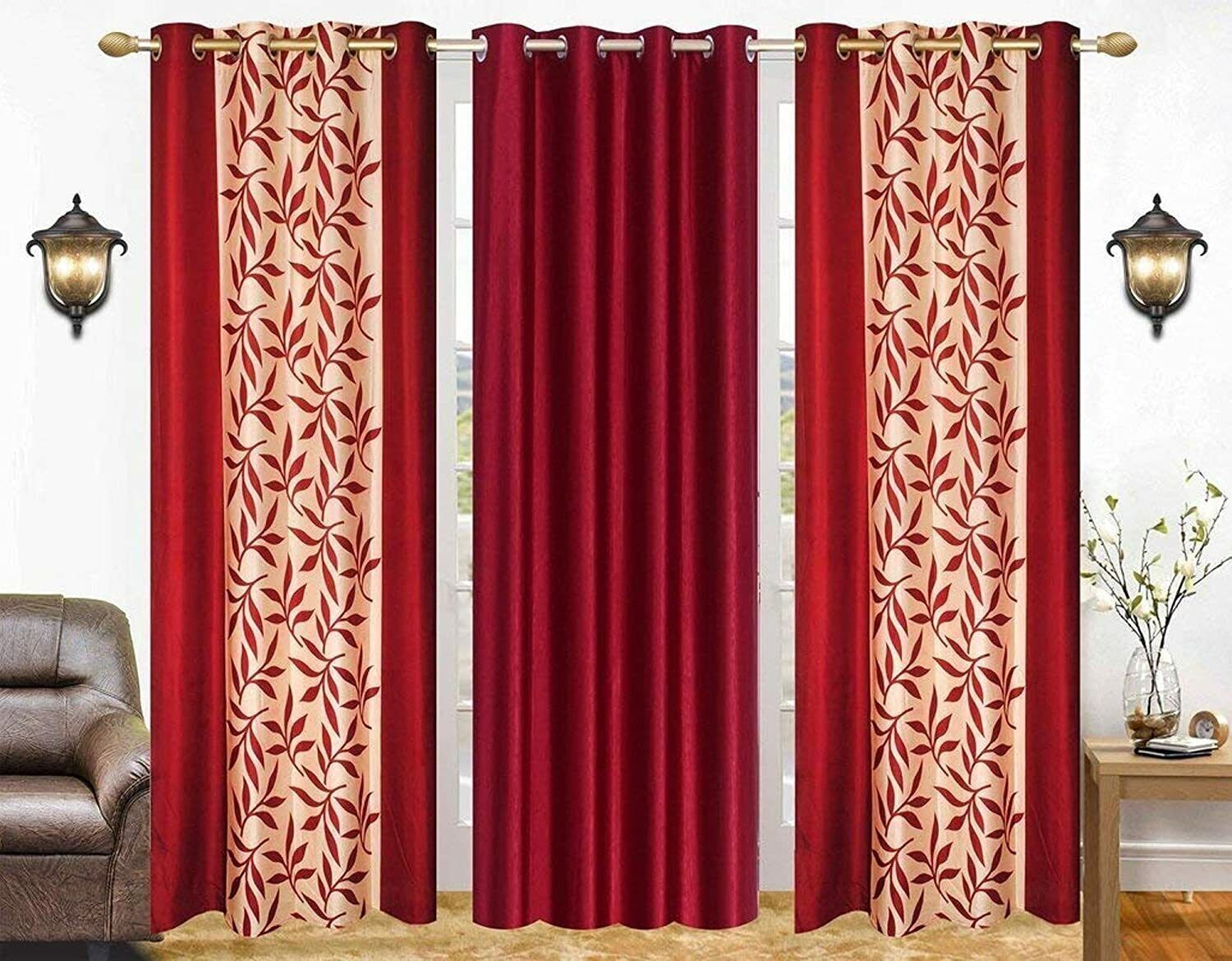 3 Piece Floral Printed Grommet Ringtop Door Window Curtains Set 5 7 9 Feet – Red
