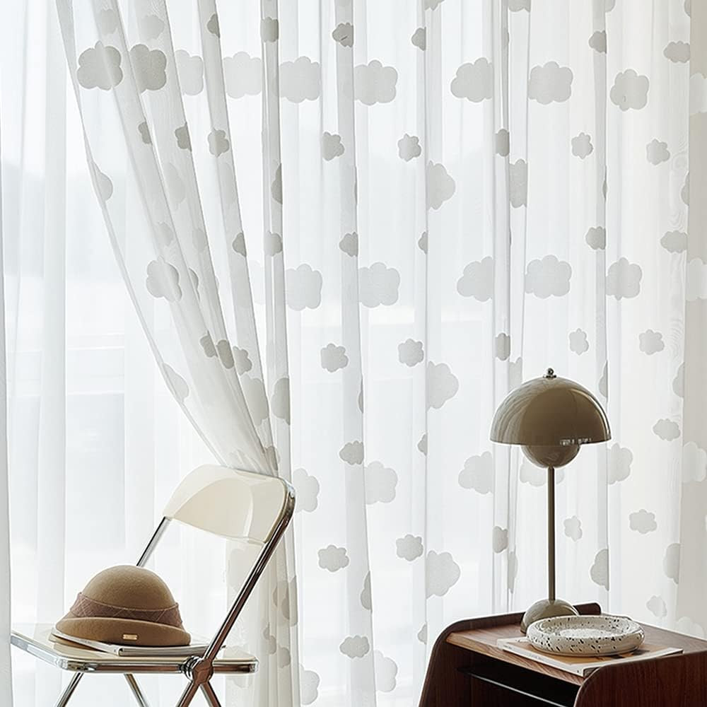 White Cloud Pattern Semi Sheer Curtains for Kids Bedroom | Light Filtering Rod P