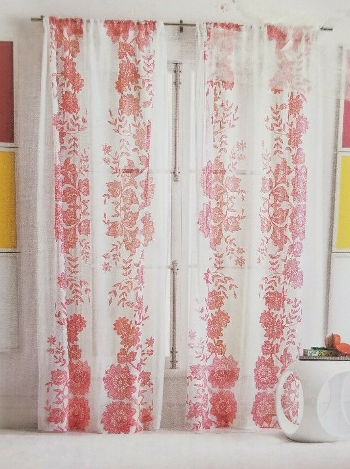 2 pc Xhilaration Pink Floral Print Window Sheer Panels (1 Pair) 108″ x 84″ NIP