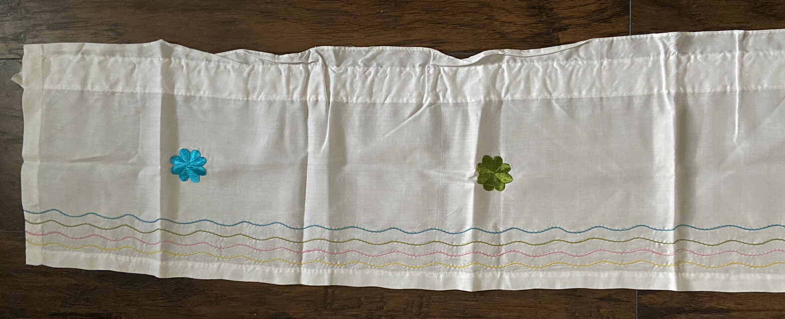 Vintage White Curtains W/Valence Embroidered Multi Colored Floral Design vg