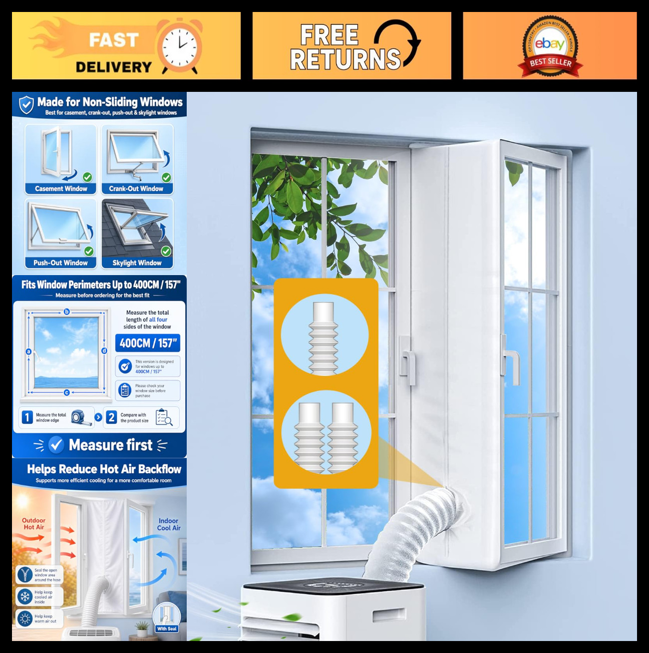 Portable AC Window Seal Kit 400CM for Casement & Skylight Windows, No-Drill Vent