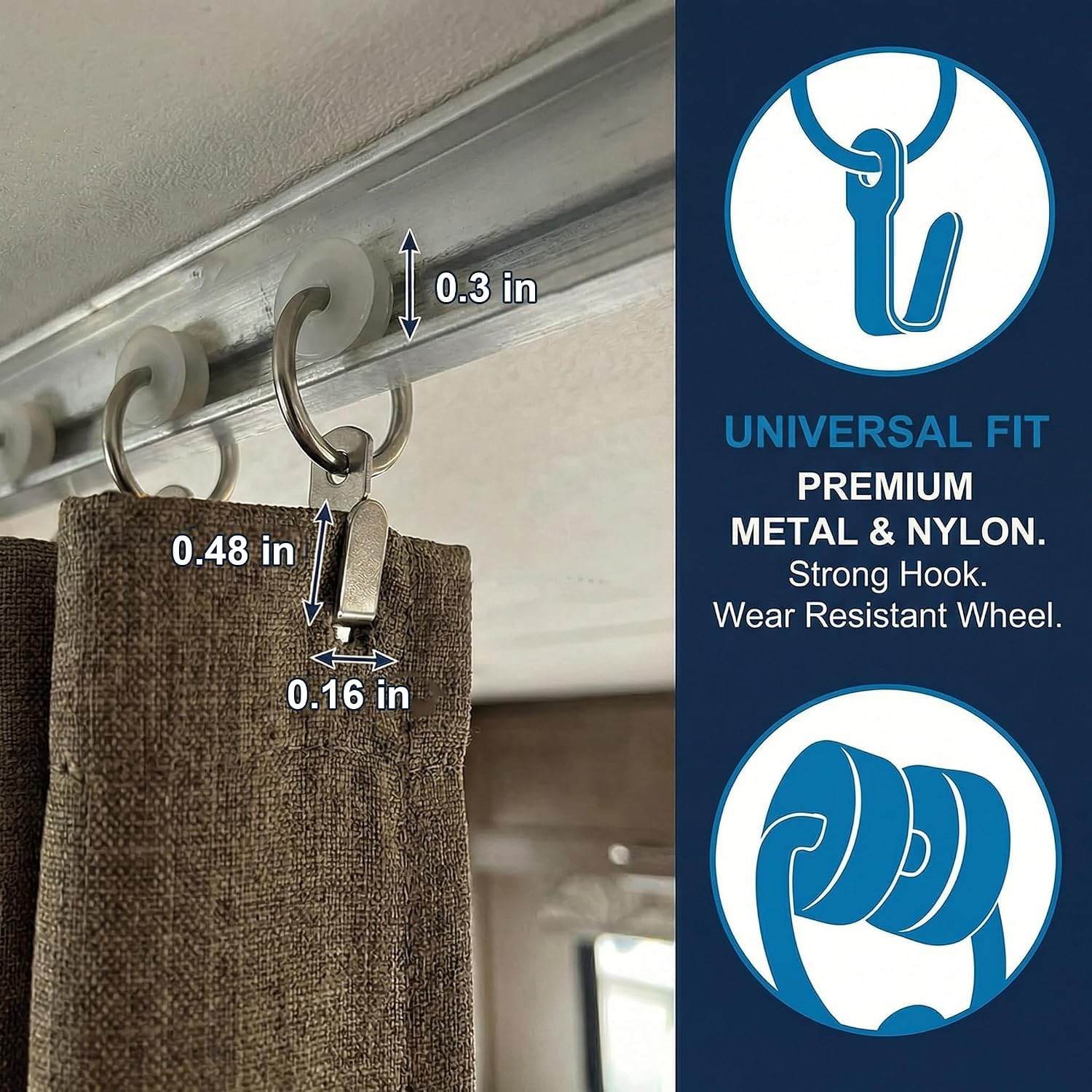 14Pcs Curtain Track Hooks for RV Trailer Curtains Nylon Wheels Metal Ring I-Beam