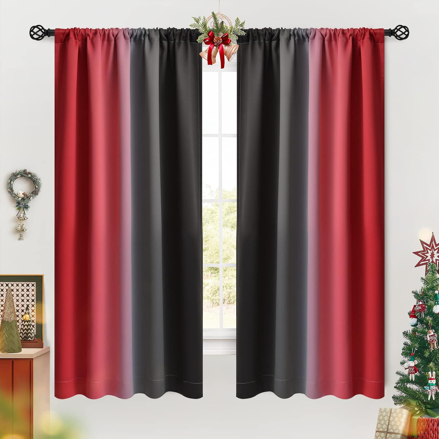 Ombre Room Darkening Red and Black Curtains 63 Inches Length for Kids B