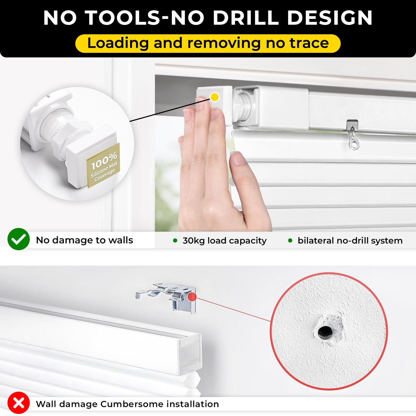 No Drill Aluminum Cordless Mini Blinds, 44×48 in, White
