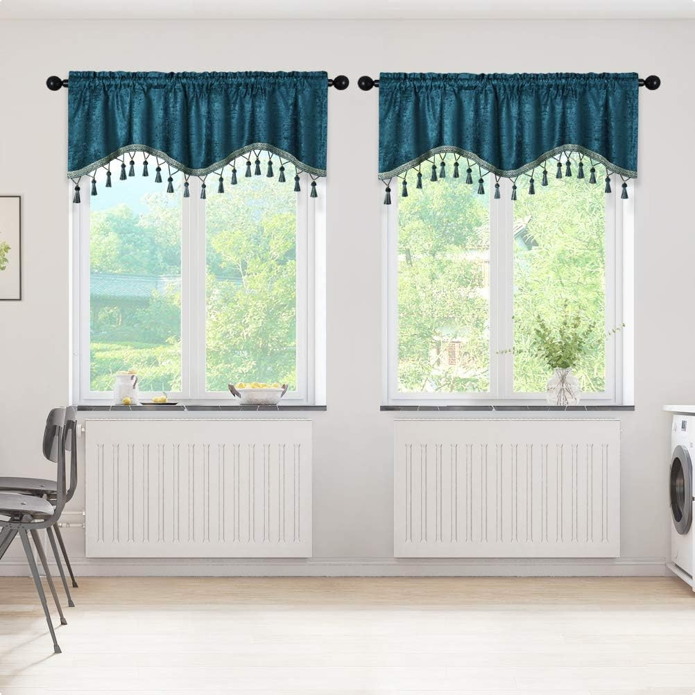 Double-Sided Chenille Window Curtains Tier for Kitchen Peacock Blue Scalloped Va