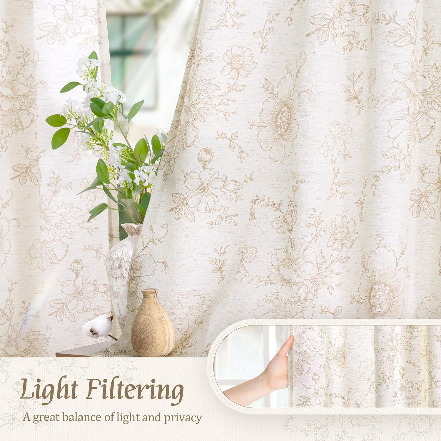 LAMIT Beige Floral Linen Curtains 63 Inch Length, Light Filtering Bedroom Drapes