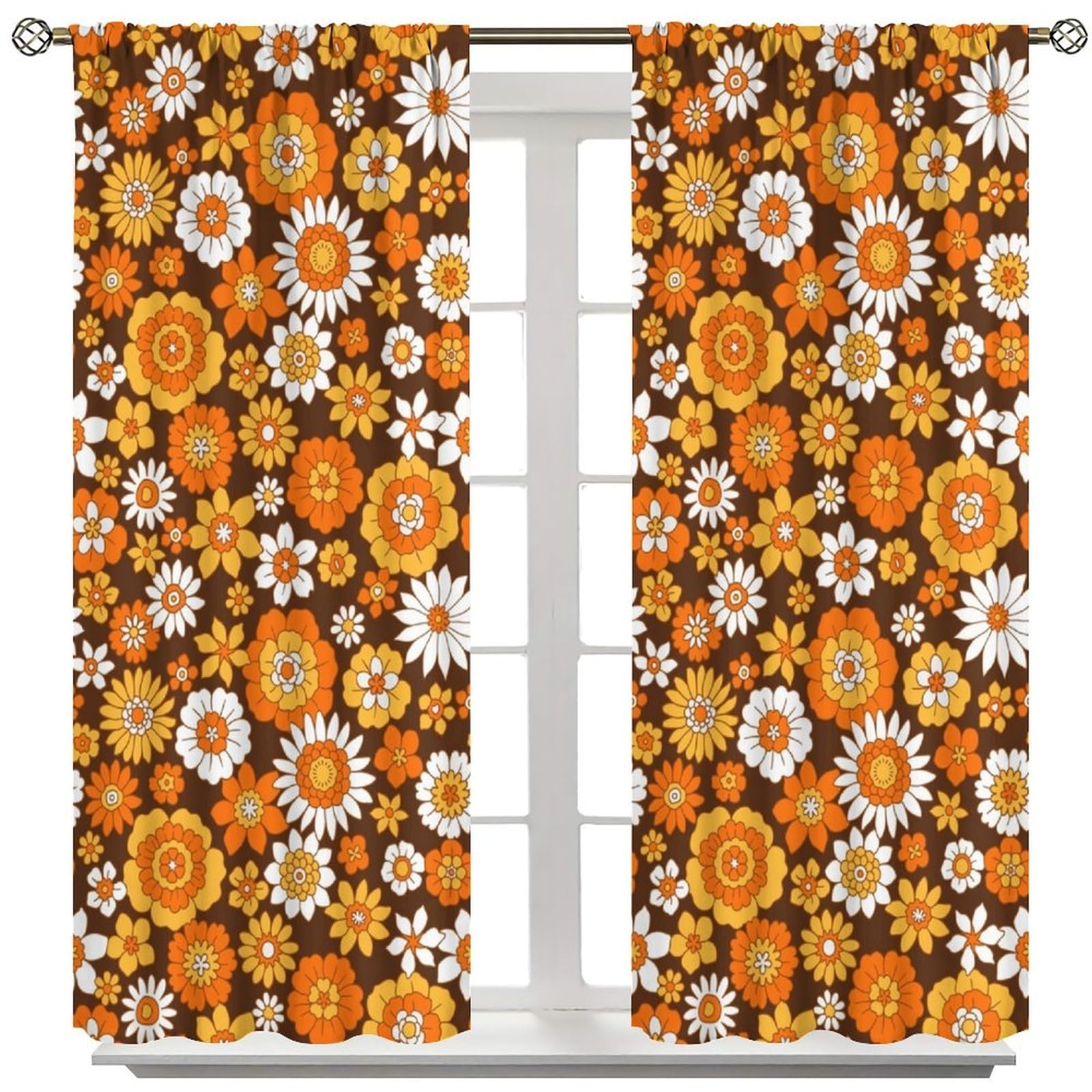 70s Groovy Curtains 1960s Hippie Floral White Orange Boho Modern Art Window D…