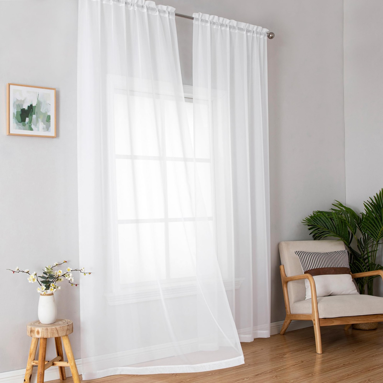 White Sheer Curtains, 84″ Length, 2 Panels Set – Light Filtering, Rod Pocket …
