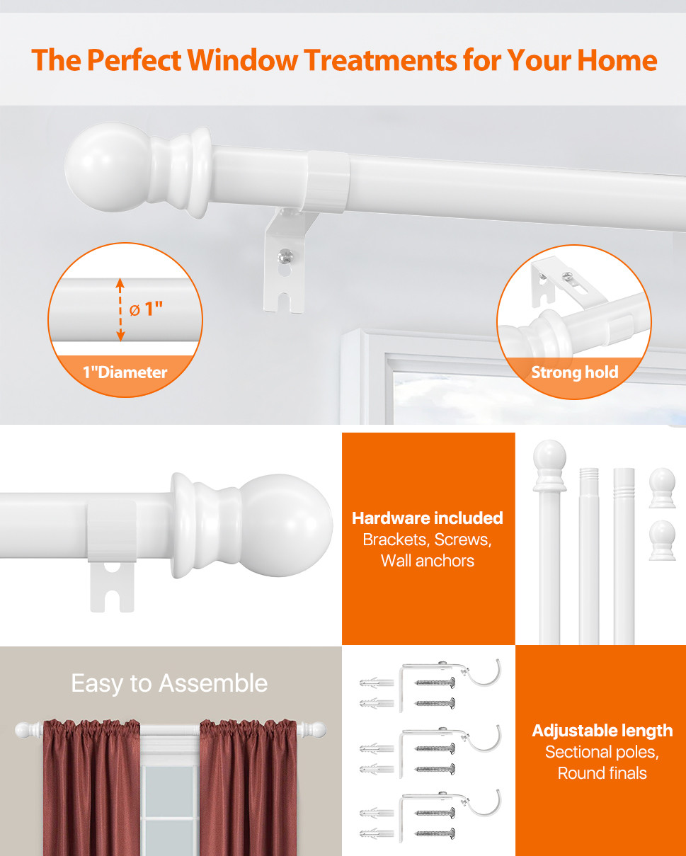 Rod For Window size 48~84″ long HD Metal 1″ Dia. Window Curtain Rod holder White