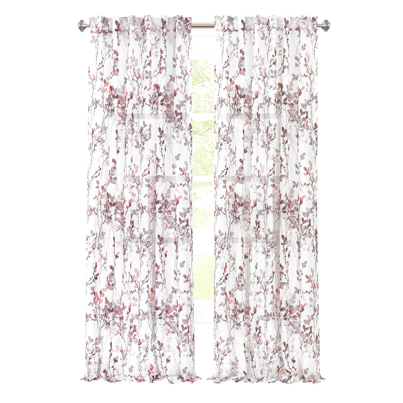 Blush Floral Semi Sheer Window Panel Shabby Chic Botanical Light Filter Curtain