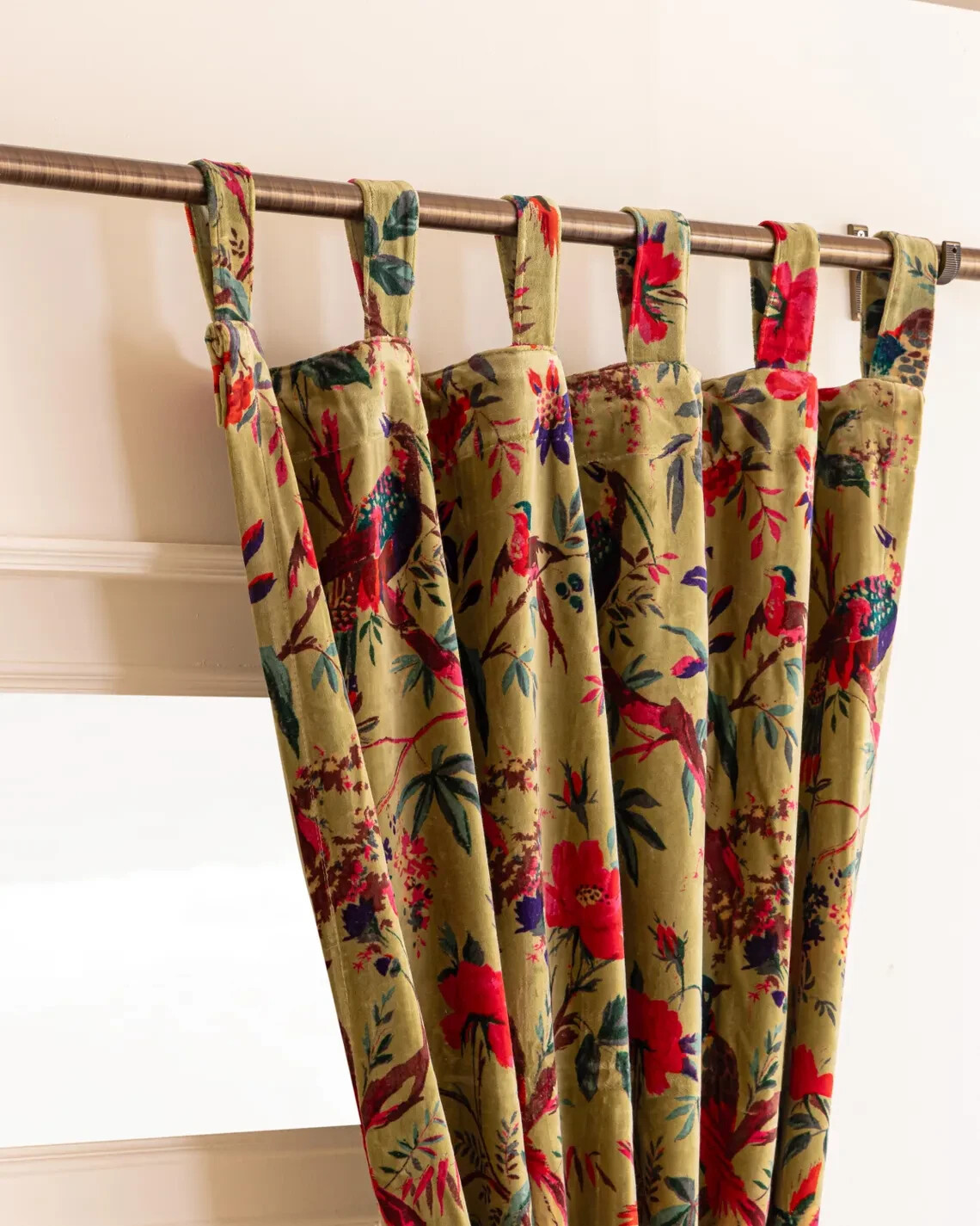 Green Color Bird Print Velvet Curtain,Boho Curtain, luxury Drapes Window Curtain