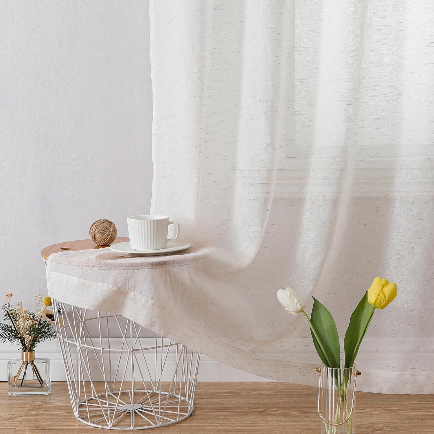 Linen Sheer Curtains 84 Inches Long 2 Panels Set for Bedroom, Natural Linen