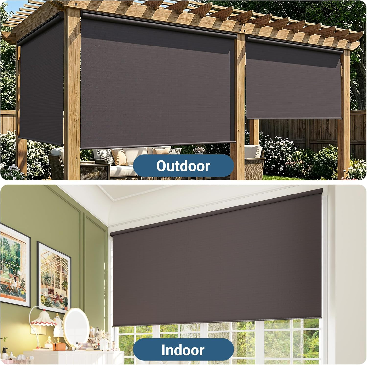 Patio Outdoor Roller Shades 10’W x 8’H, 95% UV Protection, No Crank, Brown