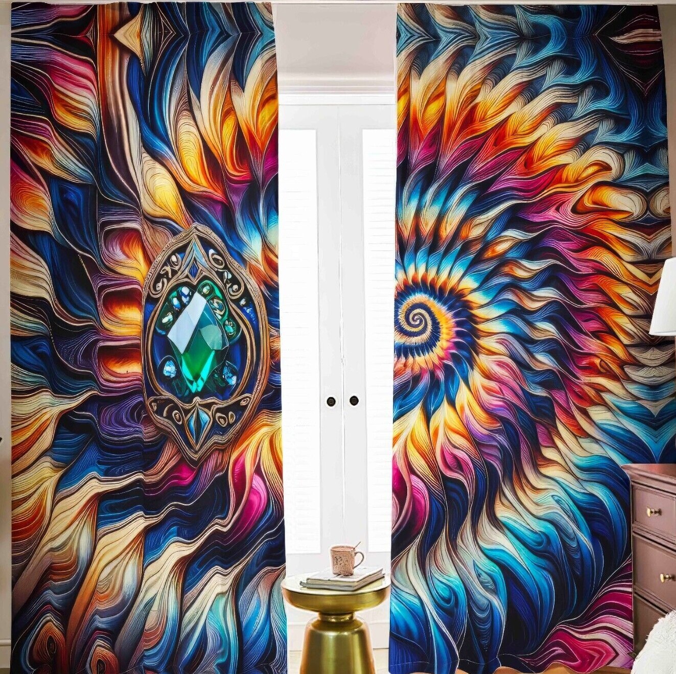 Psychedelic Tie Dye Blackout Curtains Black Out Rainbow Spiral Tied Dyed Emerald