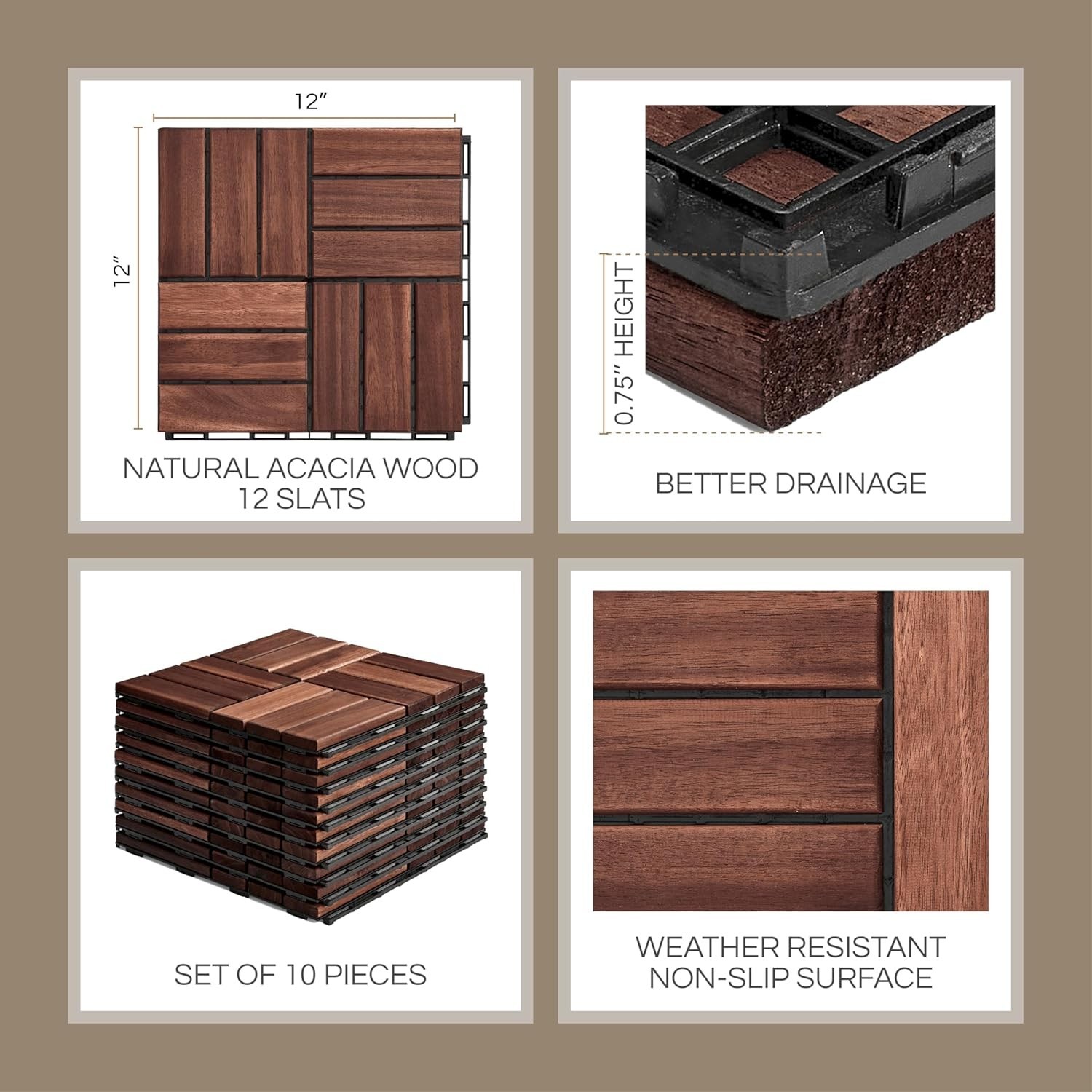 Interlocking Deck Tiles Waterproof Acacia Wood Set 10 12×12 Inches Brown Outdoor