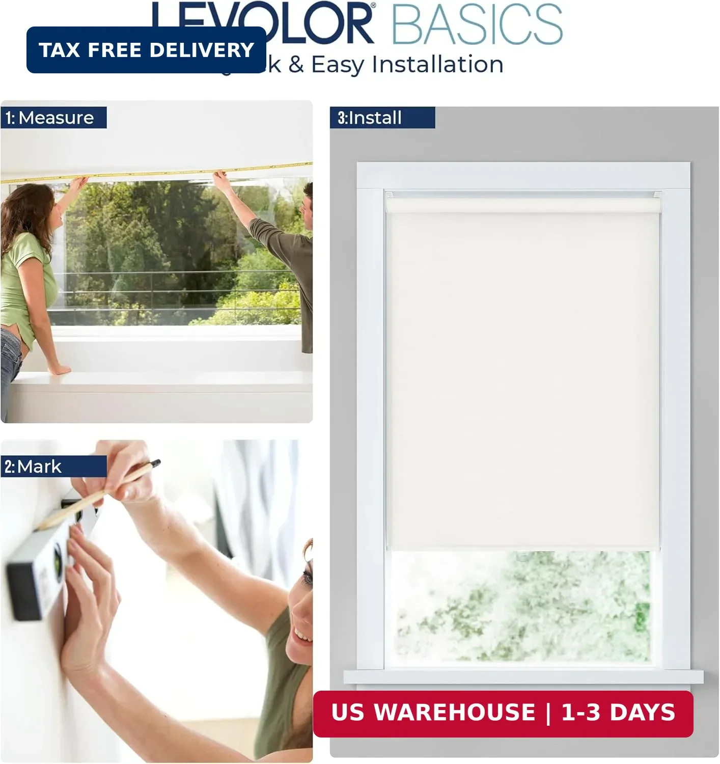 LEVOLOR Basics Cordless Blackout Fabric Roller Shades, White, 33″ W x 72″ H | Ro