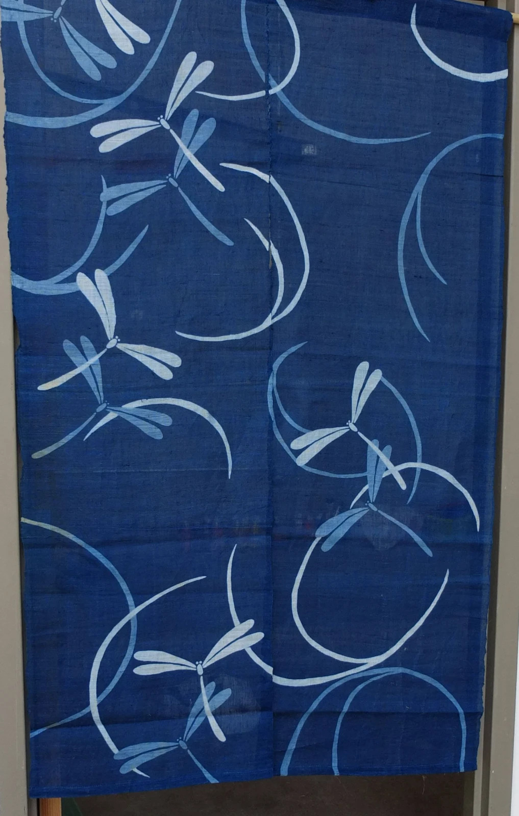 Japanese style linen noren, door way curtain. dragonflies on blue