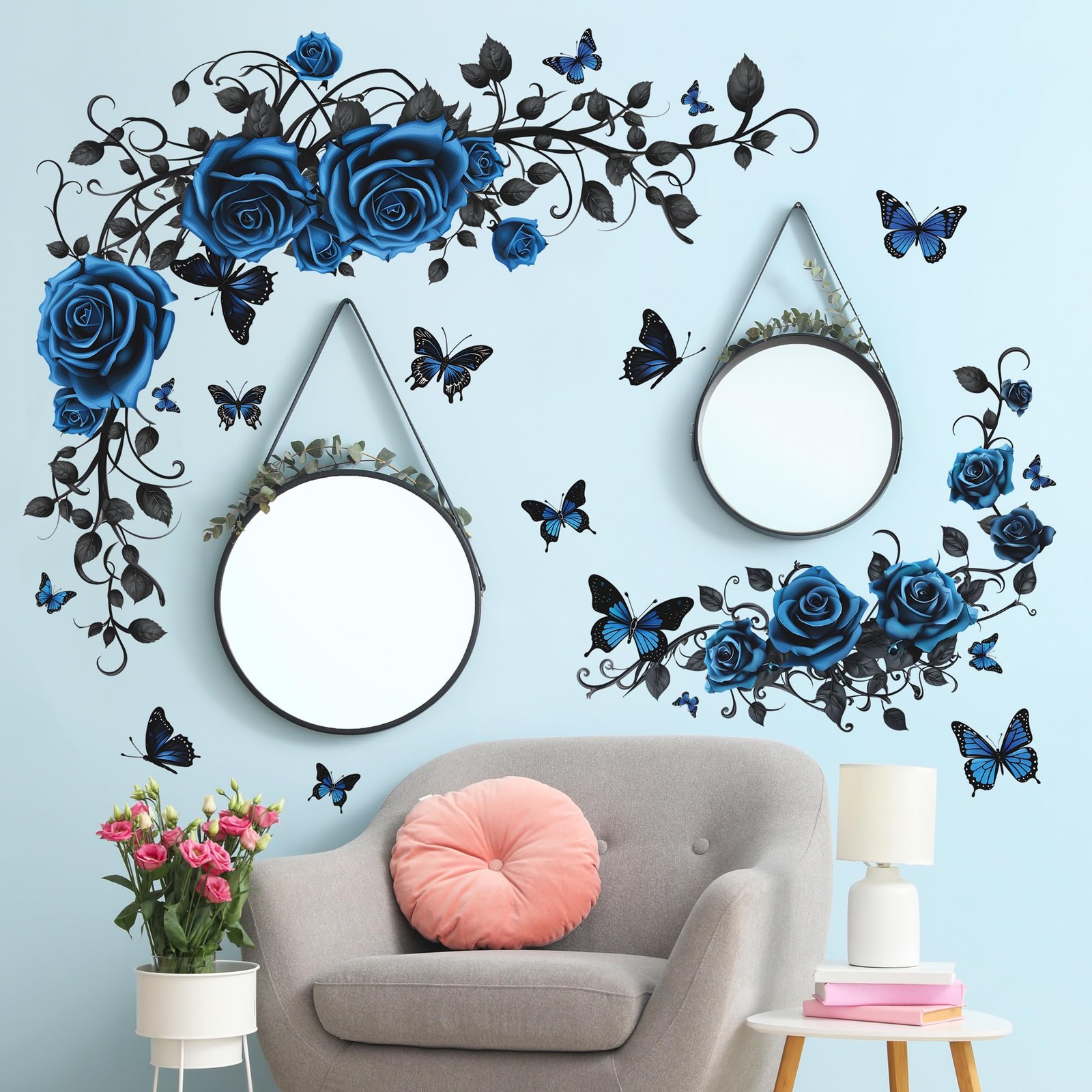 Removable Blue Floral Rose Wall Decor 3D Peel and Stick Flower Vine