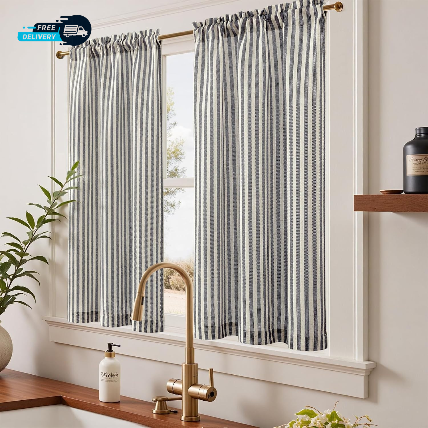 Striped Linen Kitchen Curtains 45 Inches Tier Curtains Farmhouse Modern