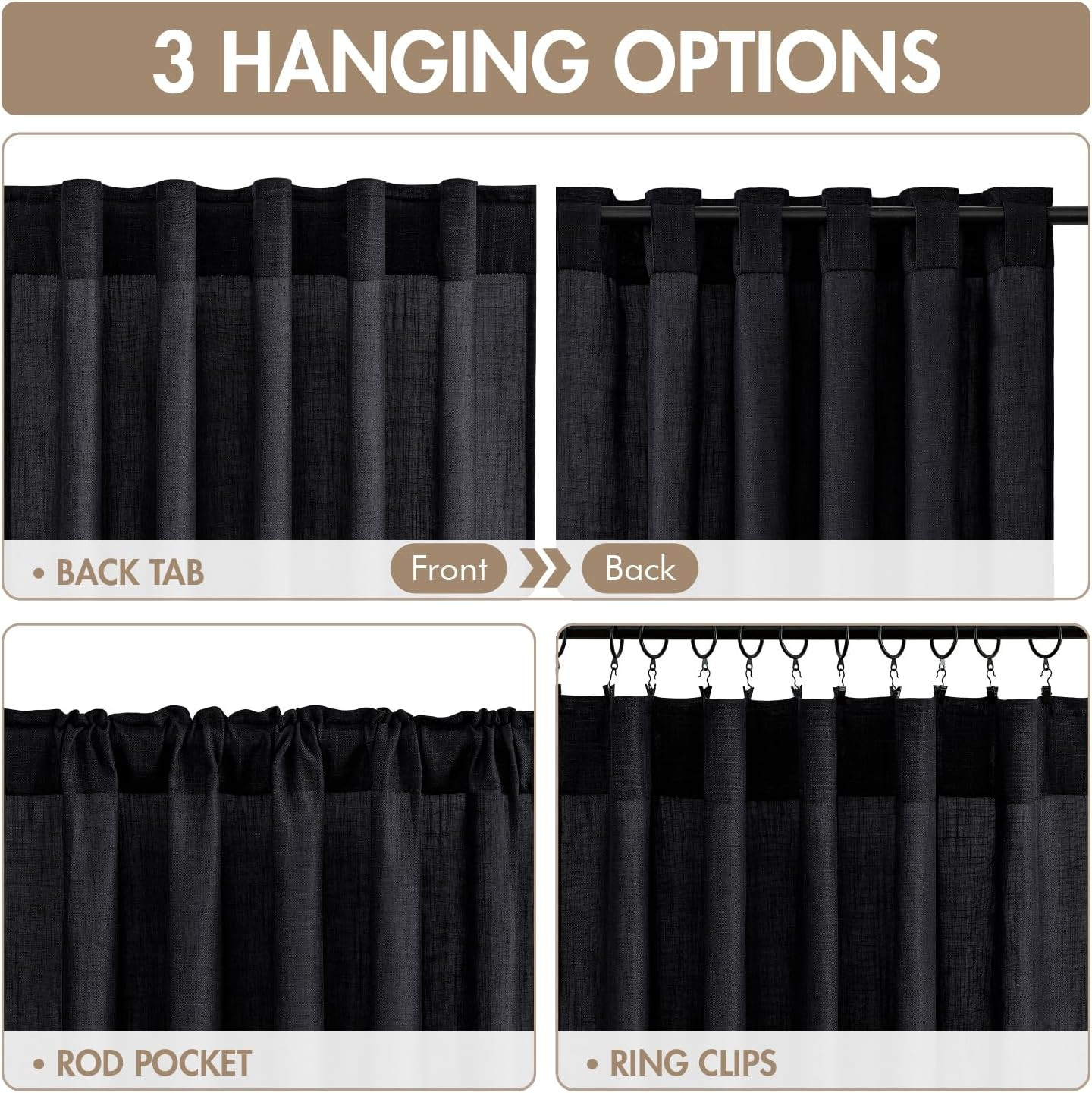 MIULEE Black Linen Curtains 84 Inch Long 4 Panels Light Filtering Window Drapes