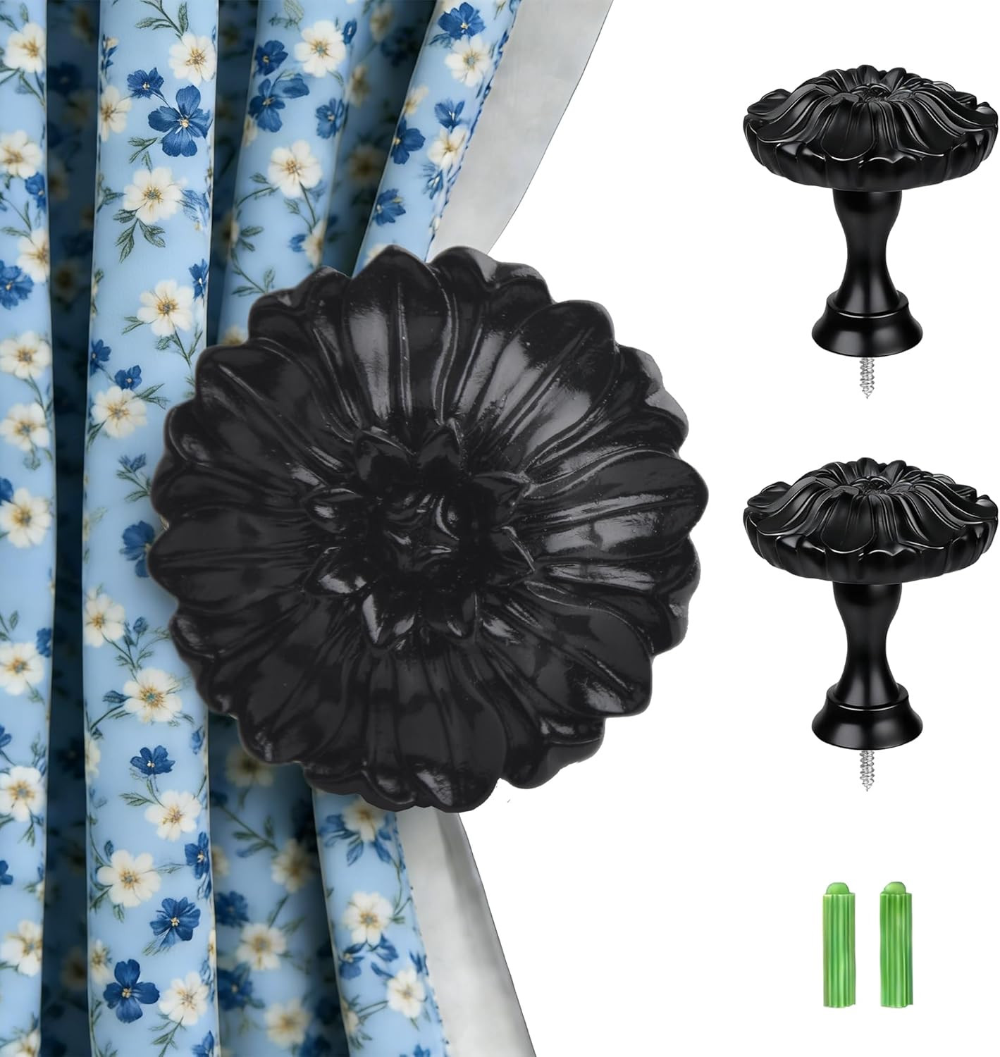 2PCS Floral Curtain Holdbacks, 3X3.35 Resin Wall Hook for Drapery Tiebacks, Coat