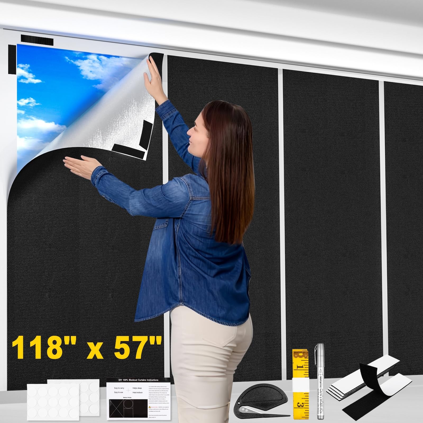 100% Blackout Window Cover, 118×57 Inch Portable Blackout Blinds, No Drill Pr…