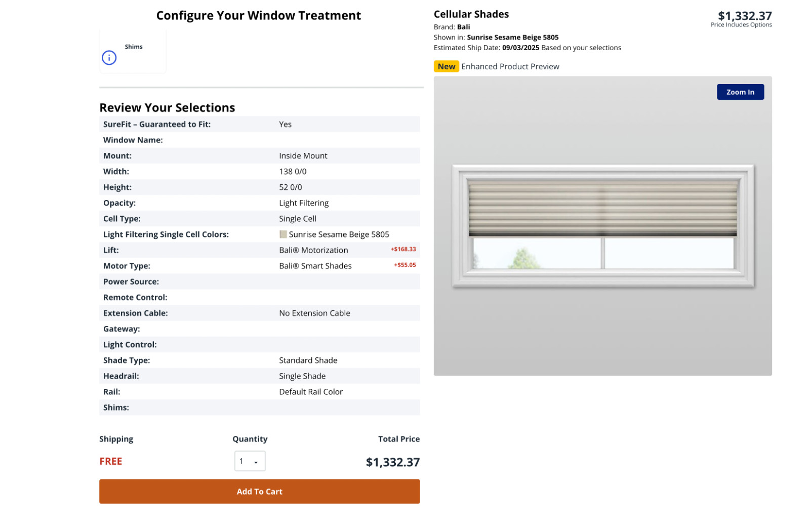 Bali Cellular Smart Shade – Brand New, Motorized