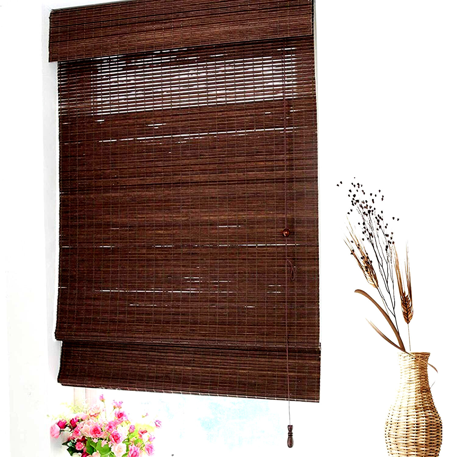 23 x 64 in Bamboo Woven Wood Corded Roman Shade – Dark Walnut – 736-4400