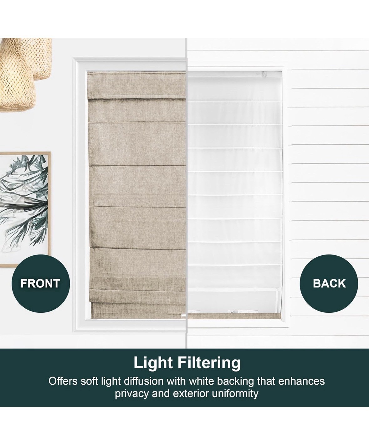 Cordless Roman Shade, Light Filtering Privacy Liner, Textured Belgian Flax Fa…