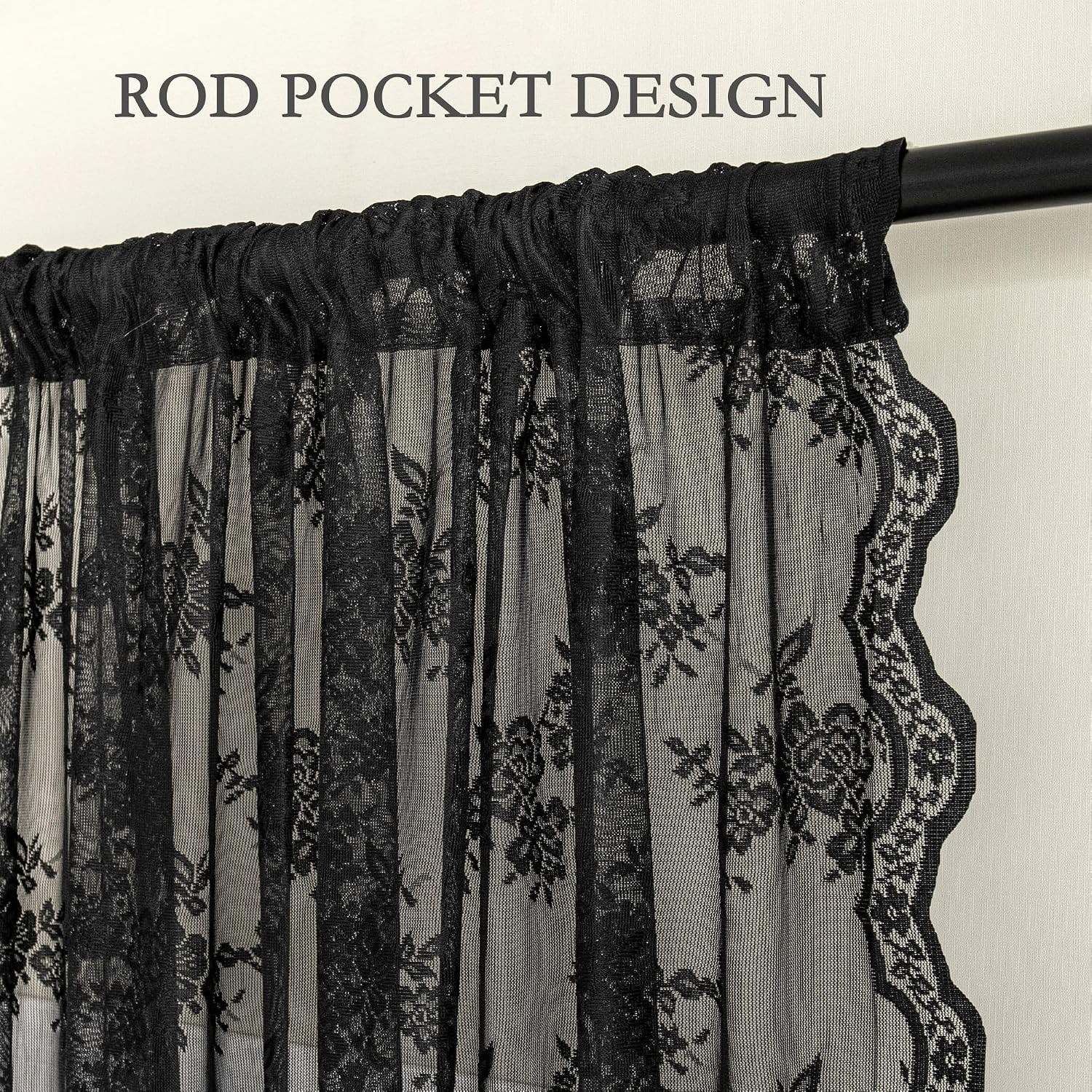 Black Lace Curtains 63 Inch Length 2 Panels Set, Victorian Vintage Gothic Sheer