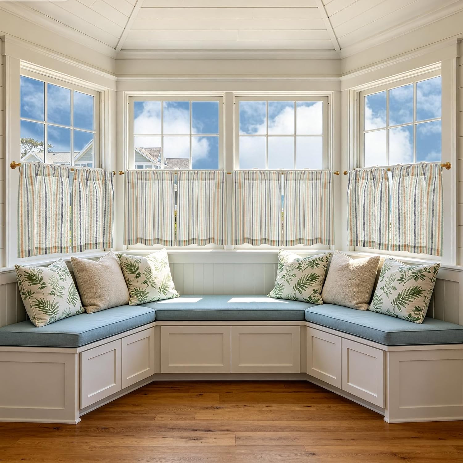 Striped Linen Kitchen Tier Curtains, 20 Inch, Coastal, 2 Panels | Light-Filterin