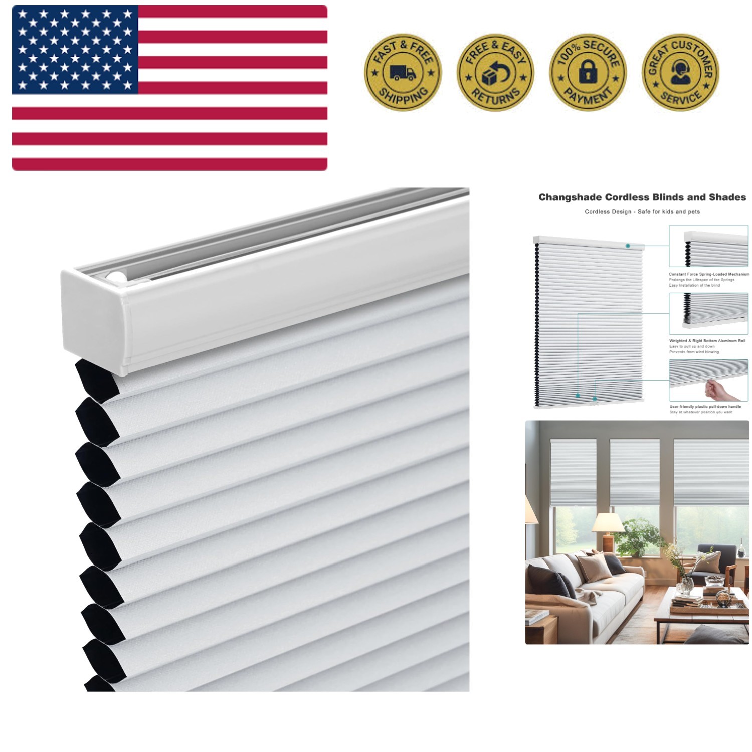 Cordless Cellular Shades, Blackout Honeycomb Shades for Windows, Pull Down Pl…