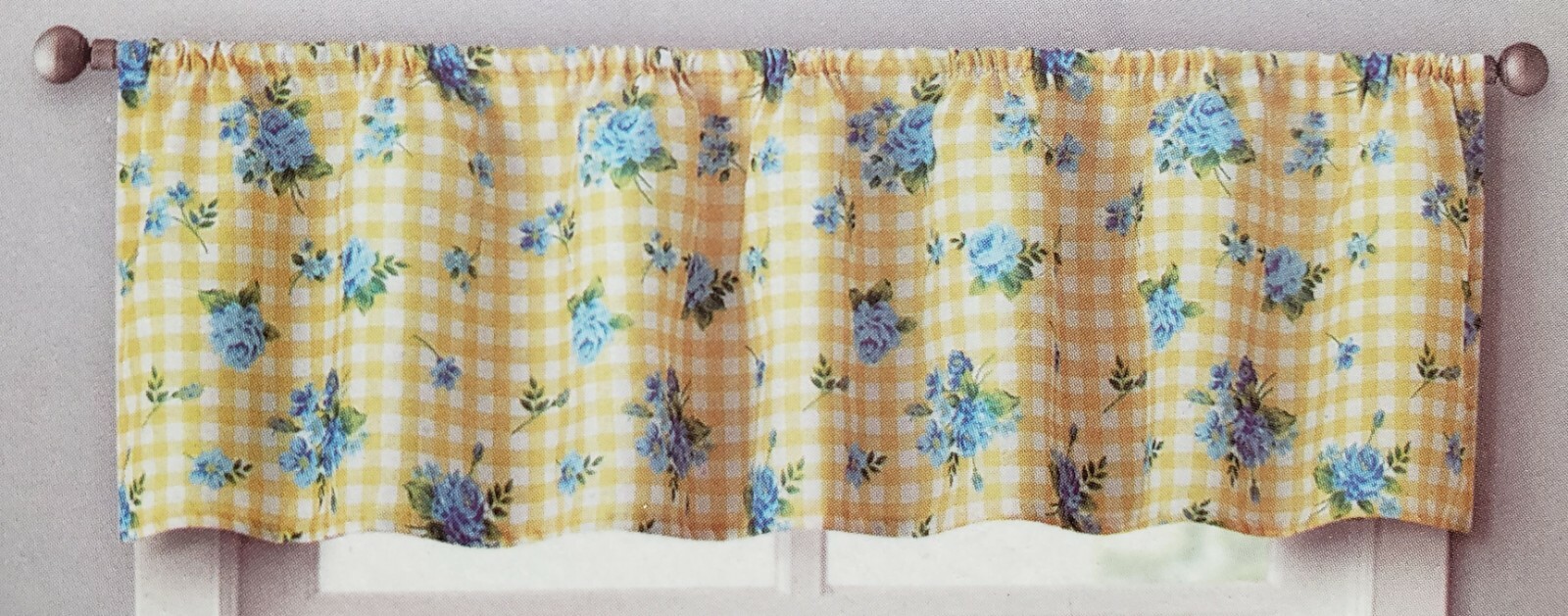 3pc. Curtains Set: Valance(56″x14″) & 2 Tiers (28″x36″) BLUE FLOWERS, CINDY, VC