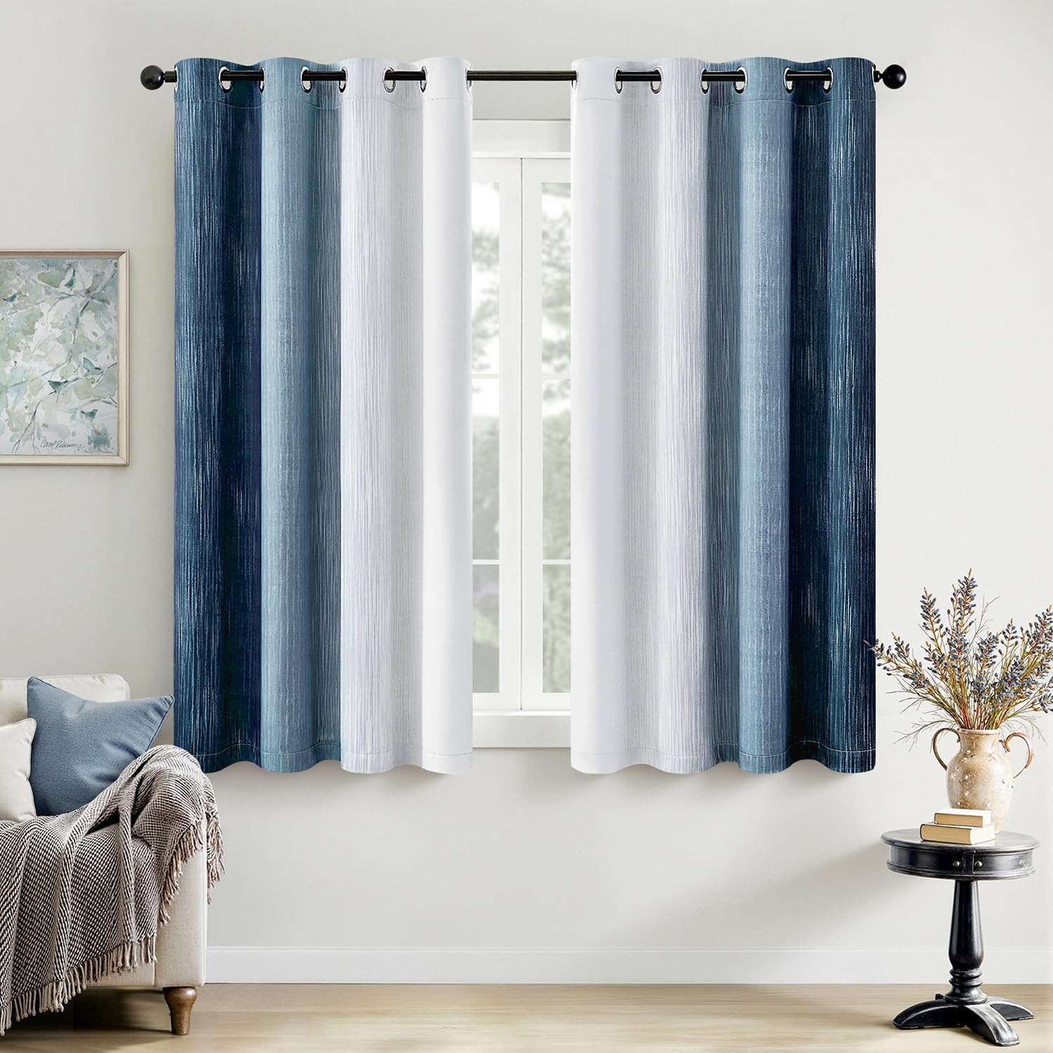 Royal Blue and Greyish White Ombre Blackout Curtains, Full Room Darkening Therma