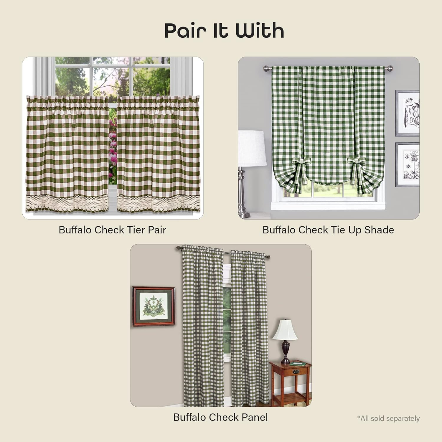 Buffalo Check Valance Window Curtains – 58 Inch Width, 14 Inch Length – Sage Gre