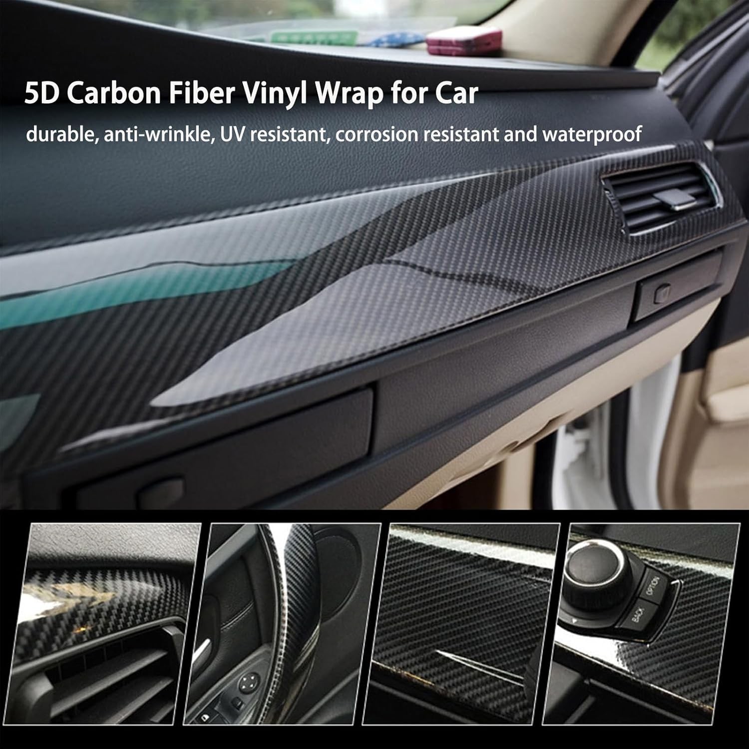 5D Gloss Black Carbon Fiber Vinyl Wrap, Self-Adhesive, Anti-Wrinkle Film