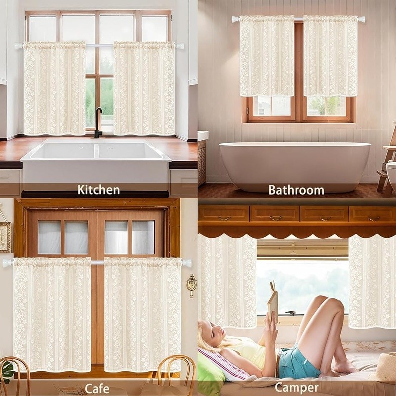 Double Layered Lace Linen Kitchen Curtains Light Filtering Window Treatment Set