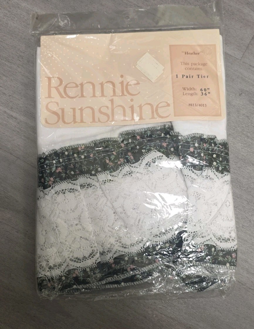 Rennie Sunshine Heather 1 Pair Tier 60×36 White Black Floral Curtains NOS VTG
