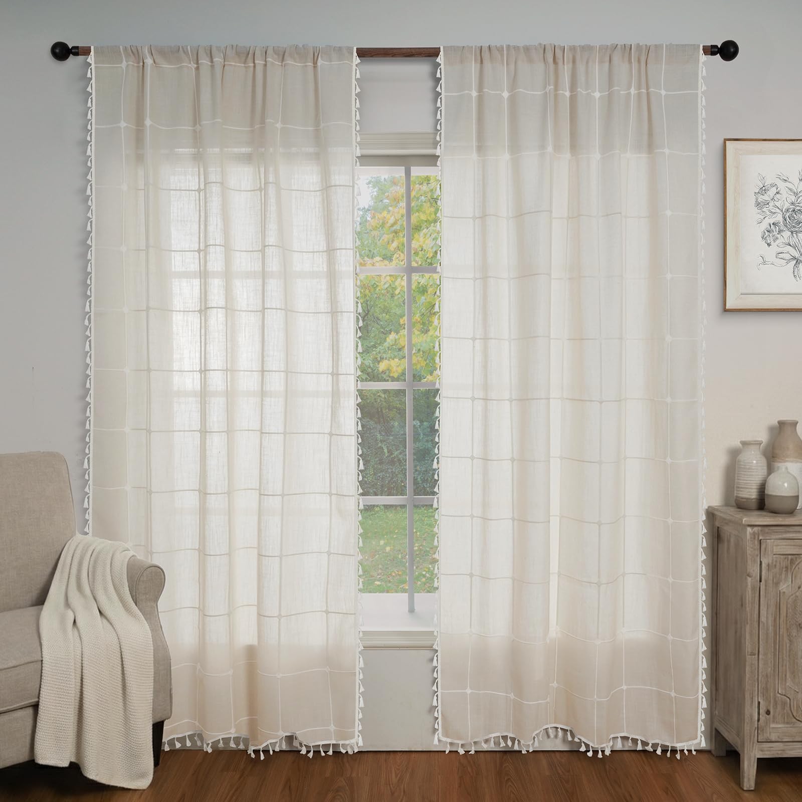 Colorbird Beige Plaid 84 Inches Long White Embroidered Gingham Boho Farmhouse